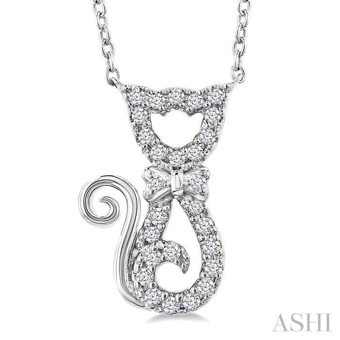 1/10 Ctw Cat Shape Petite Round Cut Diamond Fashion Pendant With Chain in 10K White Gold