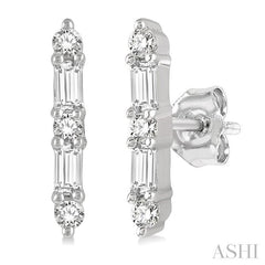 1/6 Ctw Solid Bar Baguette and Round Cut Diamond Petite Earring in 10K White Gold