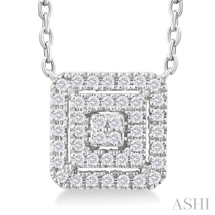 1/6 Ctw Double Halo Square Shape Petite Round Cut Diamond Fashion Pendant With Chain in 10K White Gold