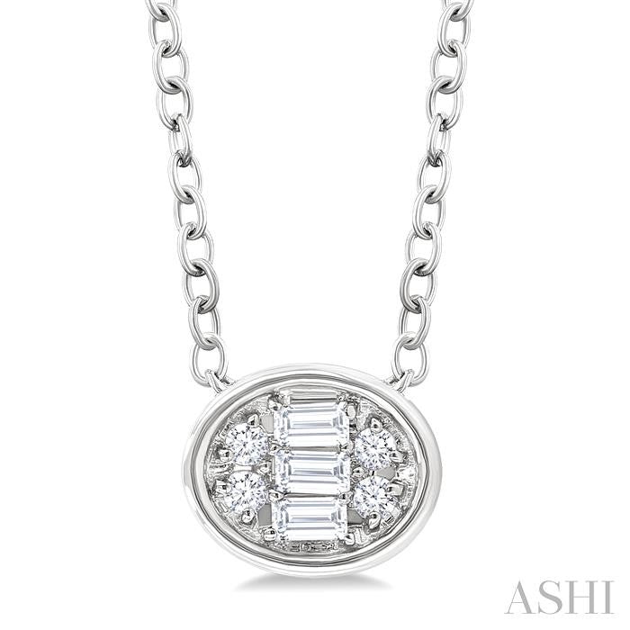 1/6 Ctw Petite Bezel Set East-West Oval Shape Fusion Baguette and Round Cut Diamond Fashion Pendant With Chain in 10K White Gold