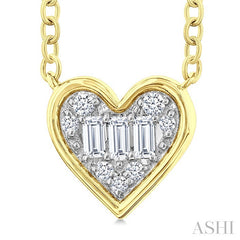 1/6 Ctw Petite Bezel Set Heart Shape Fusion Baguette and Round Cut Diamond Fashion Pendant With Chain in 10K Yellow Gold