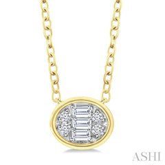 1/6 Ctw Petite Bezel Set East-West Oval Shape Fusion Baguette and Round Cut Diamond Fashion Pendant With Chain in 10K Yellow Gold
