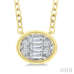 1/6 Ctw Petite Bezel Set East-West Oval Shape Fusion Baguette and Round Cut Diamond Fashion Pendant With Chain in 10K Yellow Gold