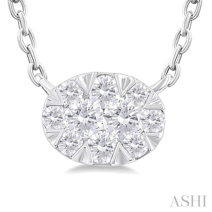 1/10 Ctw Lovebright Petite East-West Set Oval Shape Round Cut Diamond Fashion Pendant With Chain in 10K Yellow and White Gold