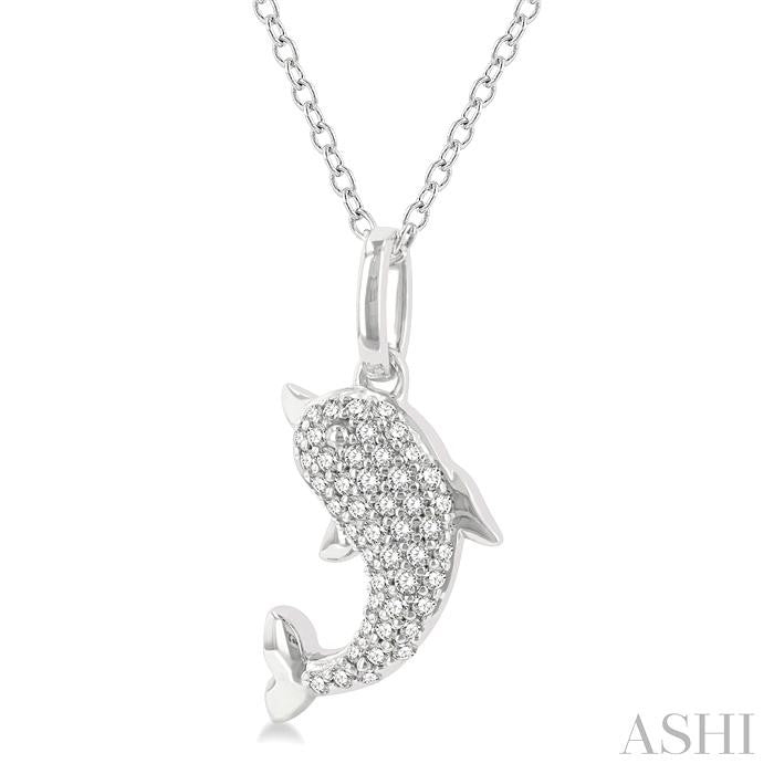 1/6 Ctw Petite Sea Life Dolphin Round Cut Diamond Fashion Pendant With Chain in 10K White Gold