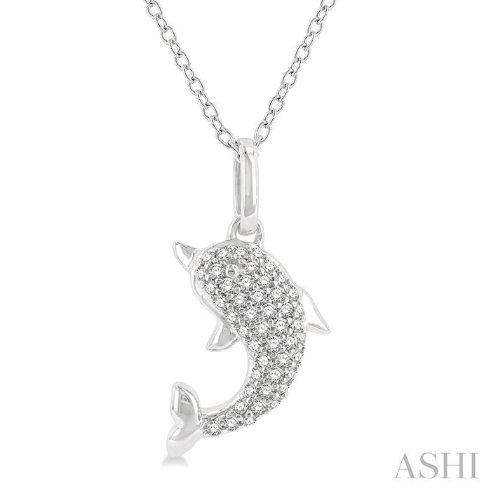 1/6 Ctw Petite Sea Life Dolphin Round Cut Diamond Fashion Pendant With Chain in 10K White Gold