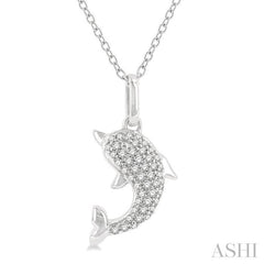 1/6 Ctw Petite Sea Life Dolphin Round Cut Diamond Fashion Pendant With Chain in 10K White Gold