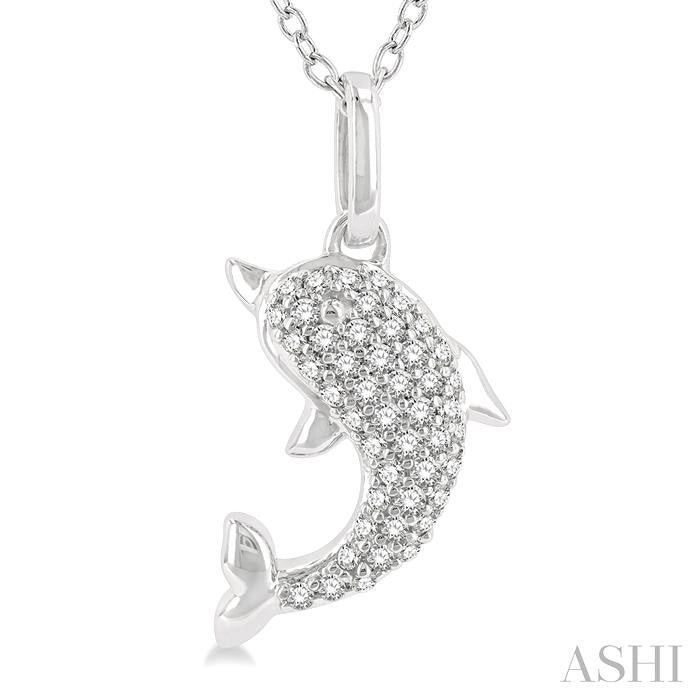 1/6 Ctw Petite Sea Life Dolphin Round Cut Diamond Fashion Pendant With Chain in 10K White Gold