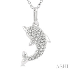 1/6 Ctw Petite Sea Life Dolphin Round Cut Diamond Fashion Pendant With Chain in 10K White Gold