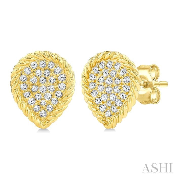 1/5 Ctw Pear Shape Rope Border Round Cut Diamond Fashion Stud Earring in 10K Yellow Gold