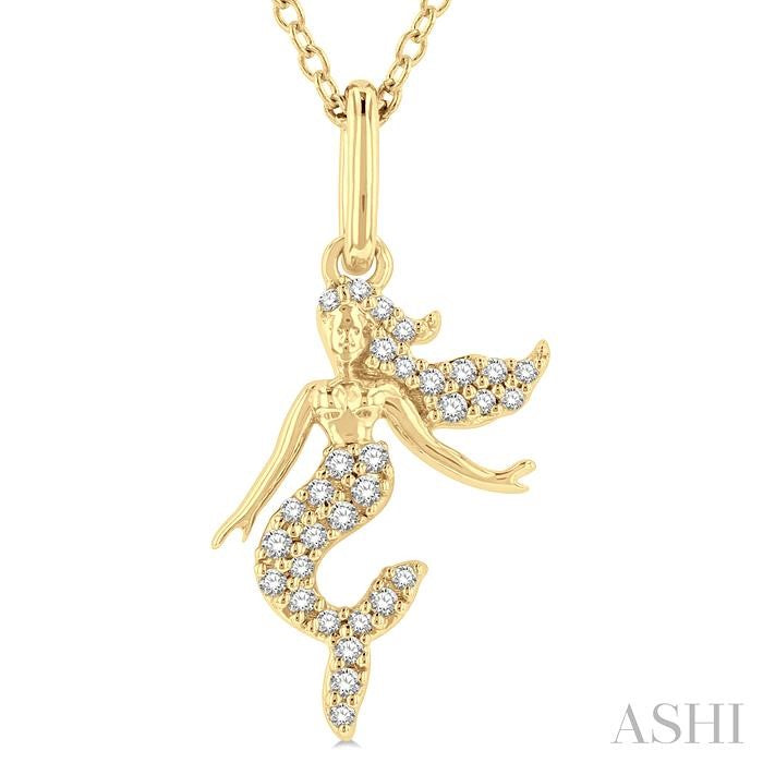 1/8 Ctw Petite Sea Life Mermaid Round Cut Diamond Fashion Pendant With Chain in 10K Yellow Gold