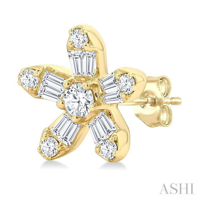 1/3 Ctw Petite Floral Motif Baguette and Round Cut Diamond Fashion Stud Earrings in 10K Yellow Gold