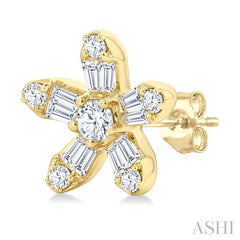 1/3 Ctw Petite Floral Motif Baguette and Round Cut Diamond Fashion Stud Earrings in 10K Yellow Gold
