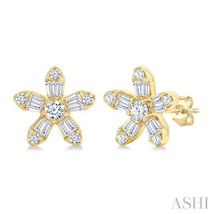 1/3 Ctw Petite Floral Motif Baguette and Round Cut Diamond Fashion Stud Earrings in 10K Yellow Gold