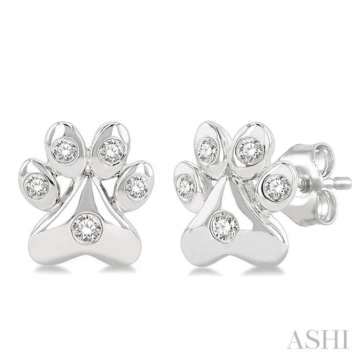 1/10 Ctw Petite Dog Paw Round Cut Diamond Fashion Stud Earring in 10K White Gold