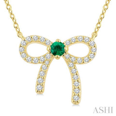 2.40 MM Round Shape Emerald and 1/8 Ctw Bow Round Cut Diamond Fashion Pendant With Chain in 10k Yellow Gold