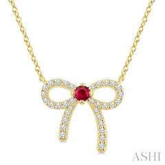 2.40 MM Round Shape Ruby and 1/8 Ctw Bow Round Cut Diamond Fashion Pendant With Chain in 10k Yellow Gold