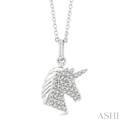 1/6 Ctw Petite Unicorn Head Round Cut Diamond Fashion Pendant With Chain in 10K White Gold