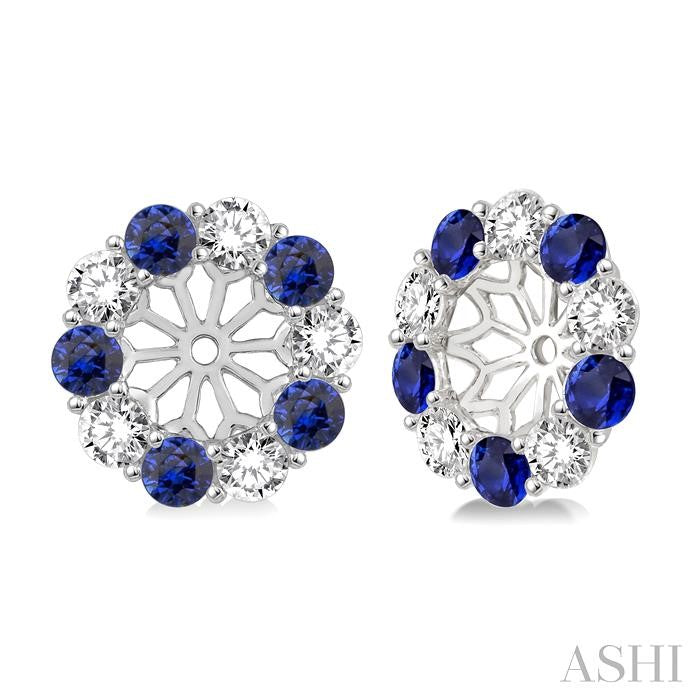 2.9 MM Round Cut Sapphire and 1 Ctw Round Cut Diamond Precious Earrings Jacket in 14K White Gold