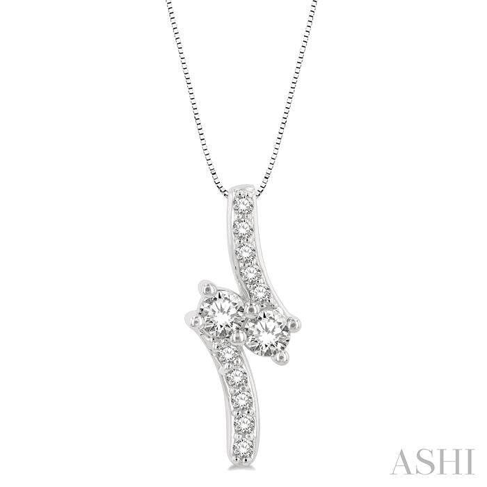 1 Ctw 2Stone Round Cut Diamond Pendant With Box Link Chain in 14K White Gold