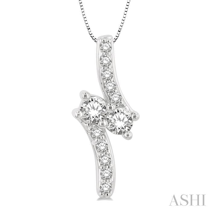 1 Ctw 2Stone Round Cut Diamond Pendant With Box Link Chain in 14K White Gold