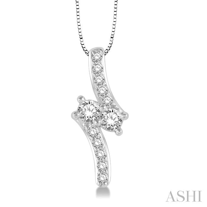 3/4 Ctw 2Stone Round Cut Diamond Pendant With Box Link Chain in 14K White Gold