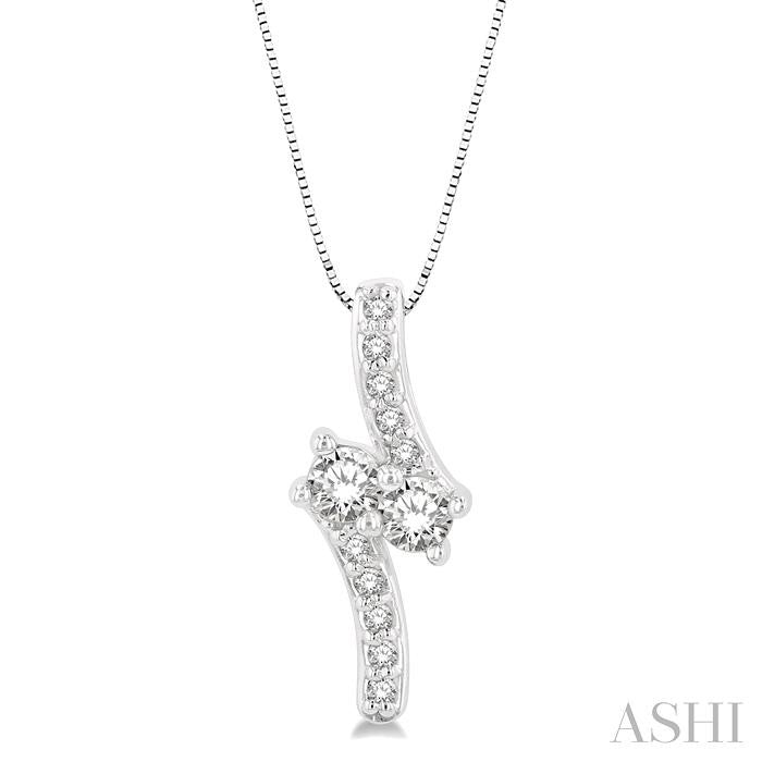 3/8 Ctw 2Stone Round Cut Diamond Pendant With Box Link Chain in 14K White Gold