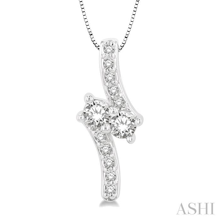 3/8 Ctw 2Stone Round Cut Diamond Pendant With Box Link Chain in 14K White Gold