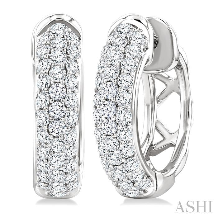 1 Ctw Triple Row Round Cut Diamond Fashion Huggies in 14K White Gold