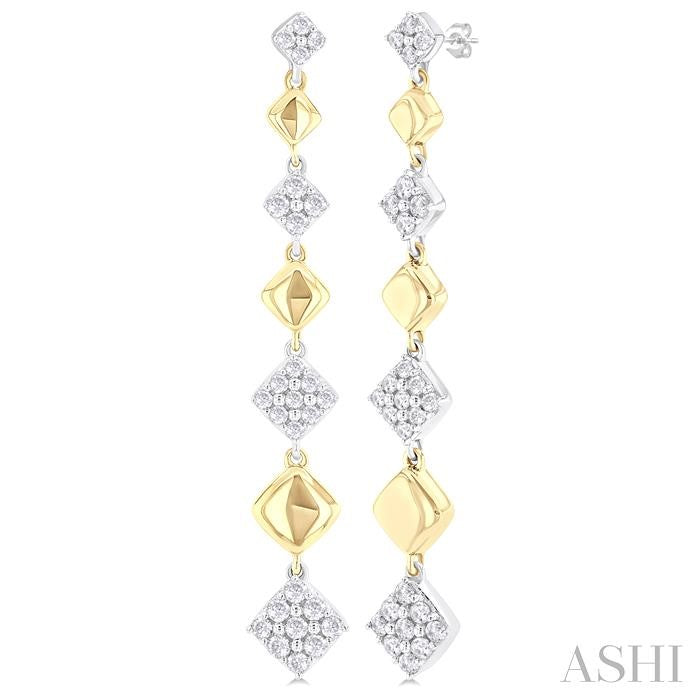 1/2 Ctw Two-Toned Puffed Cushion-Shaped Link Round Cut Diamond Fashion Long Earring in 14K Yellow and White Gold