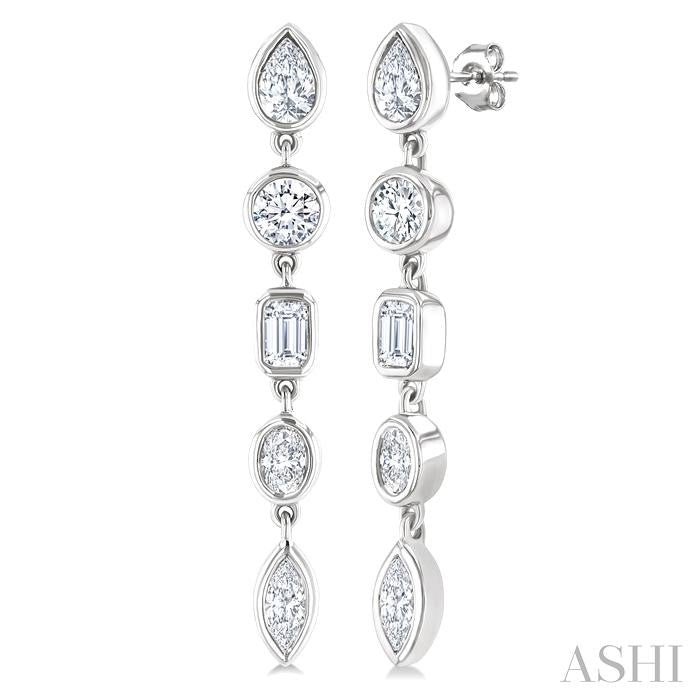 1 Ctw Bezel Set Mixed Diamond Cut Fashion Earring in 14K White Gold