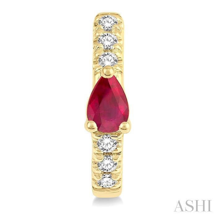 4X3 MM Pear Cut Ruby and 1/10 Ctw Round Cut Diamond Petite Huggie Earrings in 10K Yellow Gold