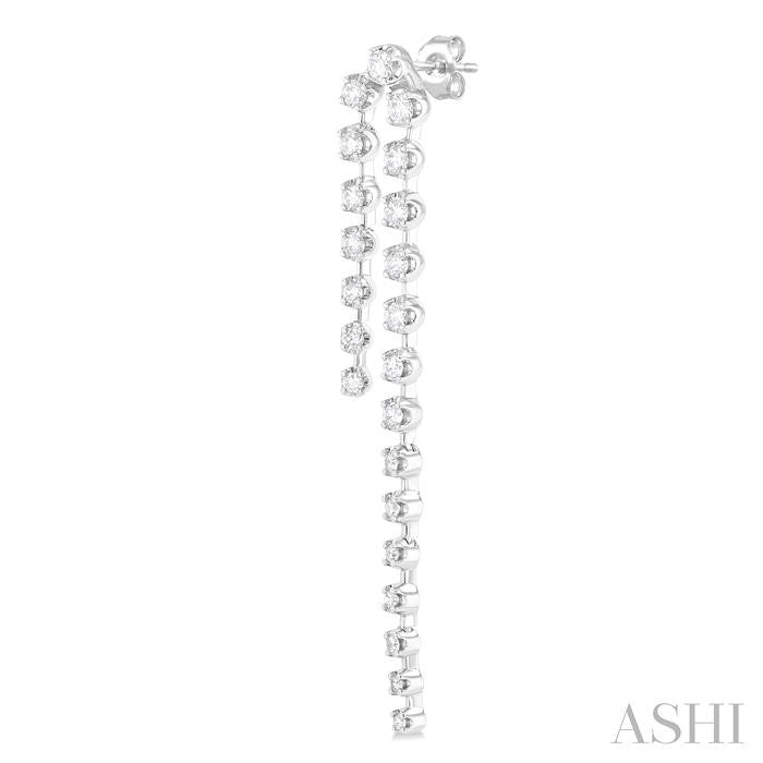 1 Ctw Round Cut Diamond Twin Row Fashion Long Earrings in 14K White Gold