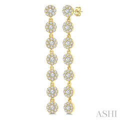 1/2 Ctw Floral Link Round Cut Diamond Cluster Fashion Long Earring in 14K Yellow Gold