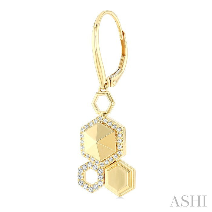 1/4 Ctw Hexagon Motif Round Cut Diamond Fashion Hanging Earrings in 14K Yellow Gold