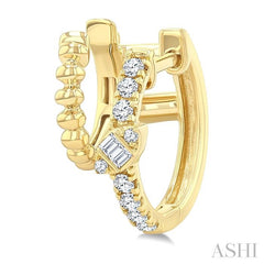1/3 Ctw Petite Double Row Ball Bead, Baguette & Round Cut Diamond Fashion Huggie Earrings in 14K Yellow Gold
