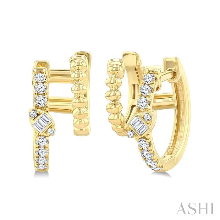 1/3 Ctw Petite Double Row Ball Bead, Baguette & Round Cut Diamond Fashion Huggie Earrings in 14K Yellow Gold