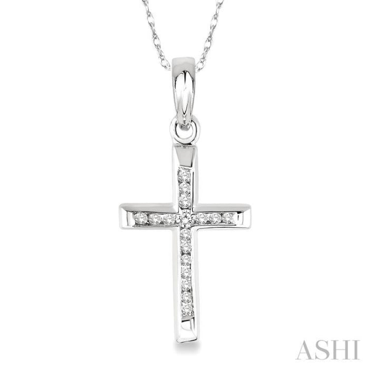 1/10 Ctw Single Cut Diamond Cross Pendant in 14K White Gold with Chain
