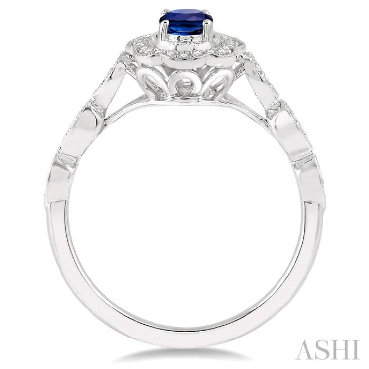 6x4 MM Oval Shape Sapphire and 1/6 Ctw Round Cut Diamond Precious Ring in 10K White Gold