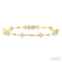 1 1/3 Ctw Bezel Set Princess and Round Cut Diamond Bar Link Bracelet in 14K Yellow Gold