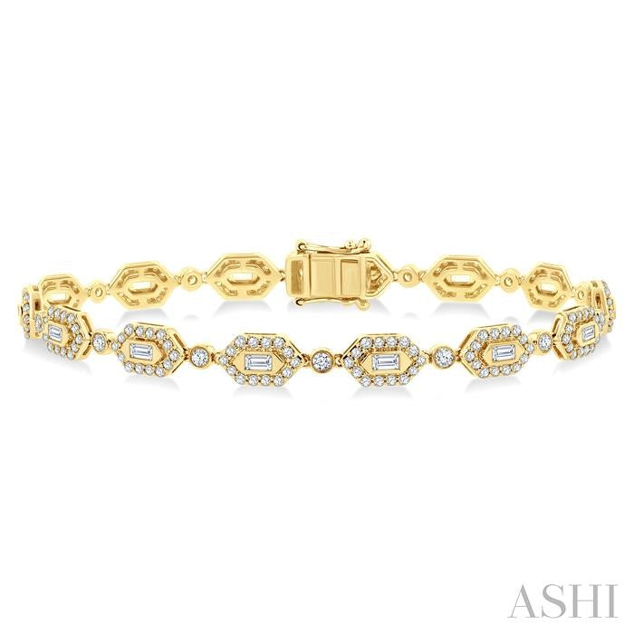 2 Ctw Hexagon Shaped Link Baguette and Round Cut Diamond Fashion Bracelet in 14K Yellow Gold