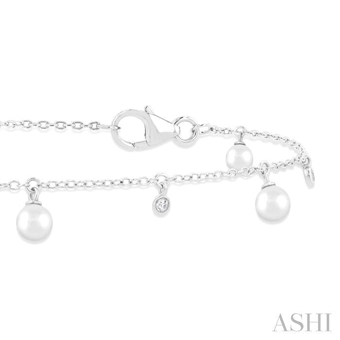 3 MM Round Shape Cultured Pearl and 1/20 Ctw Round Cut Diamond Station Bracelet in 14K White Gold