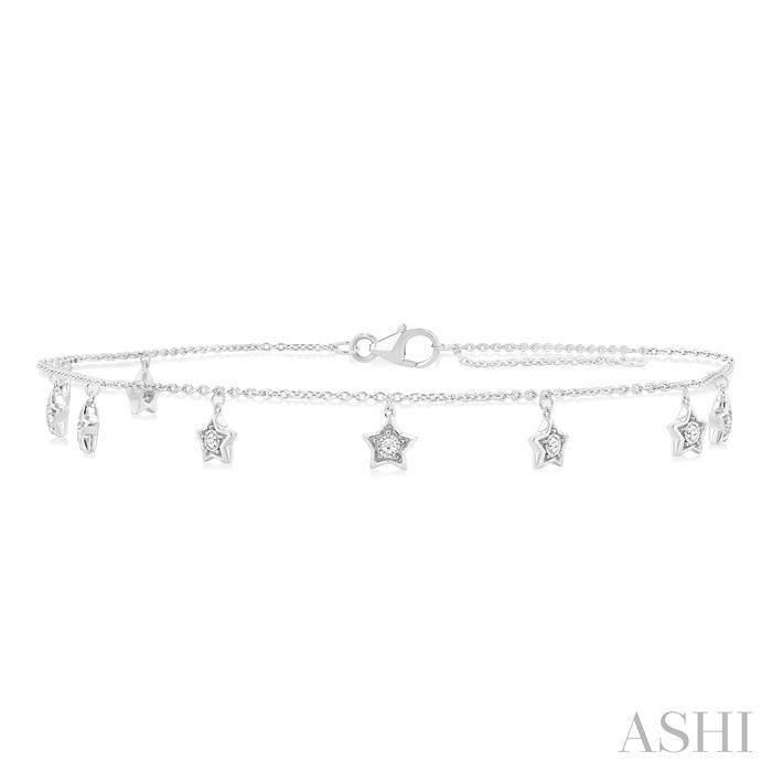 1/10 Ctw Star Charm Round Cut Diamond Station Anklet in 10K White Gold