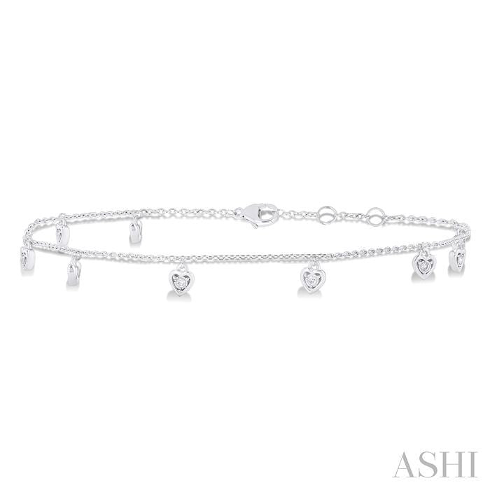 1/10 Ctw Heart Charm Round Cut Diamond Station Anklet in 10K White Gold