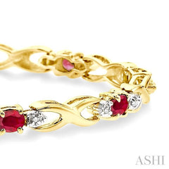 4x3 MM Oval Cut Ruby and 1/10 Ctw Round Cut Diamond Bracelet in 14K Yellow Gold
