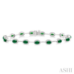 5x3 MM Oval Cut Emerald and 5/8 Ctw Round Cut Diamond Precious Bracelet in 14K White Gold