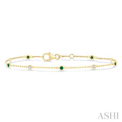 1.8 MM Emerald and 1/10 Ctw Bezel Set Round Cut Diamond Precious Gemstone Station Bracelet in 14K Yellow Gold