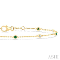 1.8 MM Emerald and 1/10 Ctw Bezel Set Round Cut Diamond Precious Gemstone Station Bracelet in 14K Yellow Gold
