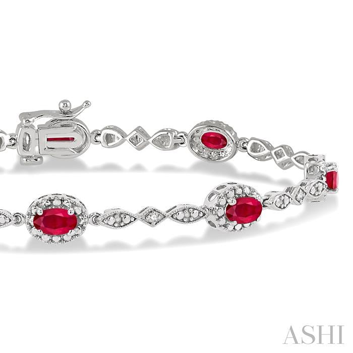 5x3 MM Oval Cut Ruby and 1/20 Ctw Round Cut Diamond Bracelet in 14K White Gold