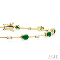 4x3 MM Oval Cut Emerald and 1/3 Ctw Round Cut Diamond Precious Bar Bracelet in 14K Yellow Gold